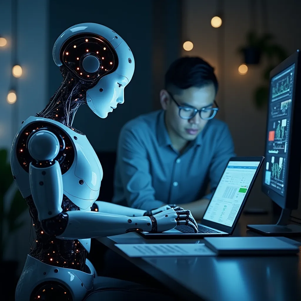 Un robot umanoide e una persona lavorano affiancati davanti agli schermi