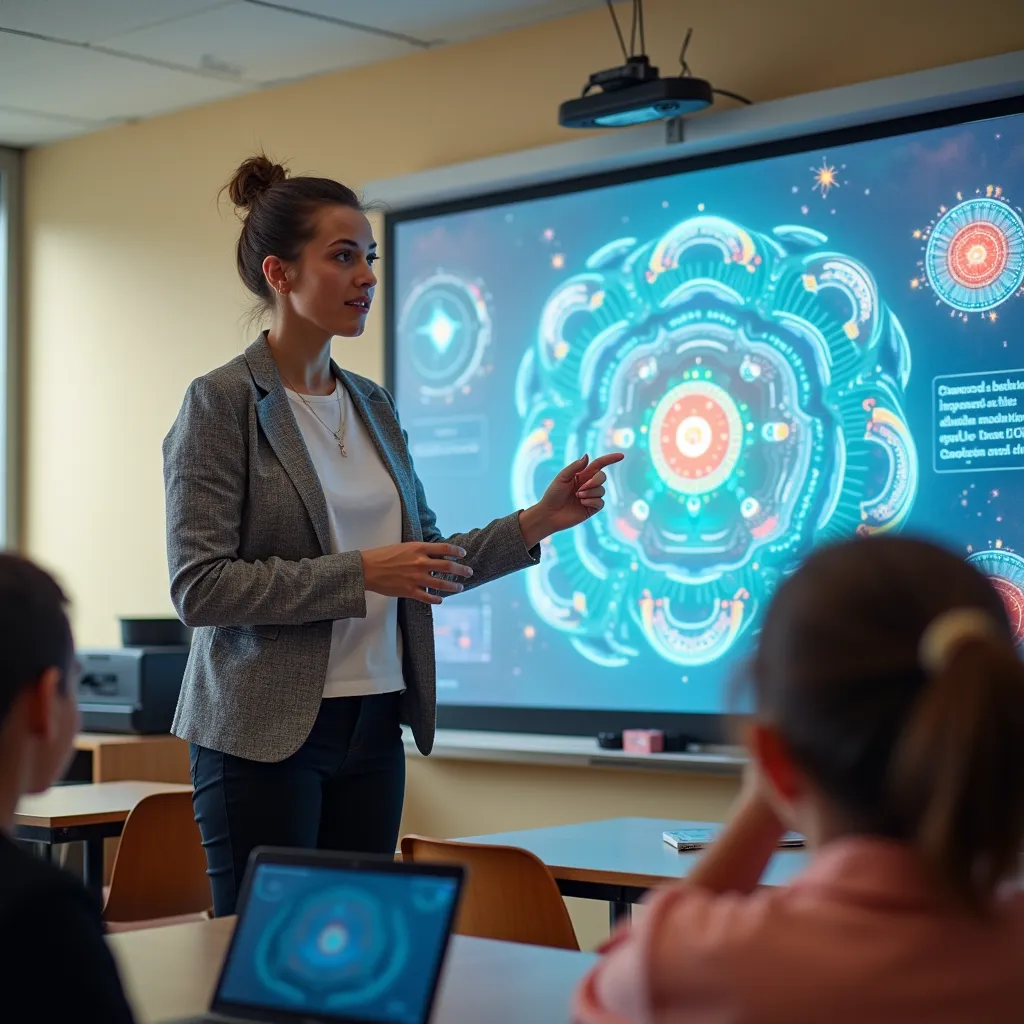 Un'insegnante mostra alla classe uno schema luminoso sull'intelligenza artificiale proiettato in aula