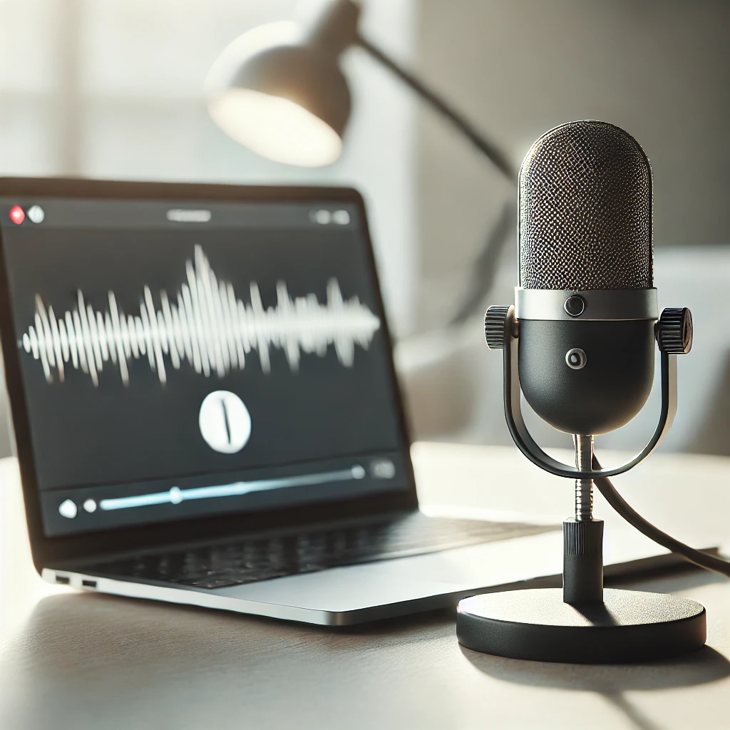 Un microfono da podcast accanto a un laptop che mostra la forma d'onda di una registrazione