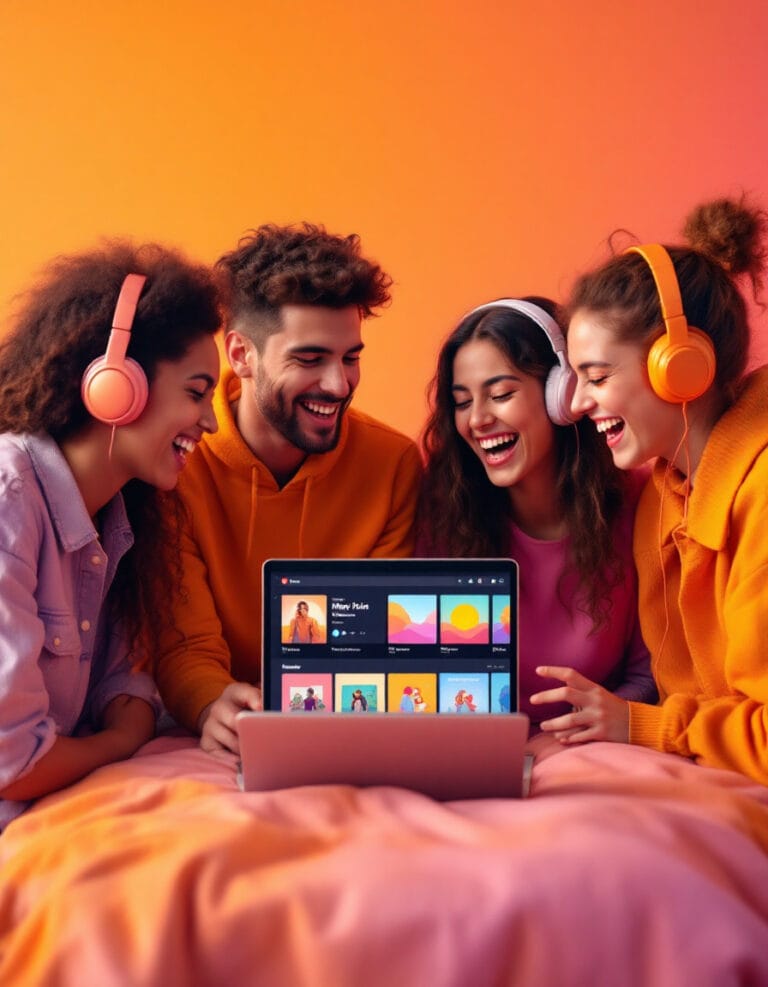 Un gruppo di ragazzi con le cuffie ascolta musica insieme davanti a un laptop