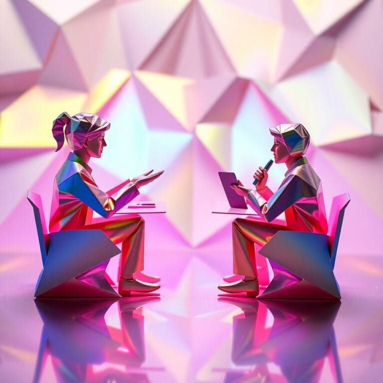 Illustrazione in stile origami di due studenti seduti uno di fronte all'altro mentre discutono
