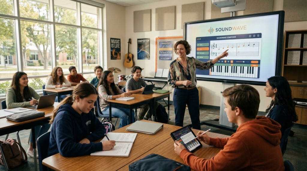 Una classe segue la lezione mentre l'insegnante usa un software musicale sullo schermo interattivo