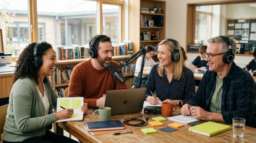Quattro insegnanti registrano un podcast intorno a un microfono