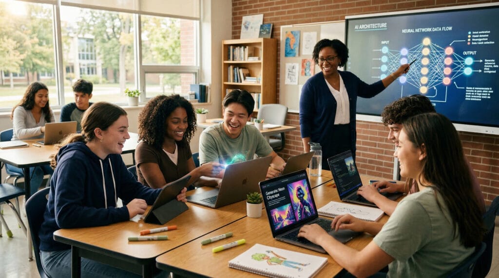 Studenti al computer mentre un'insegnante spiega come funziona una rete neurale