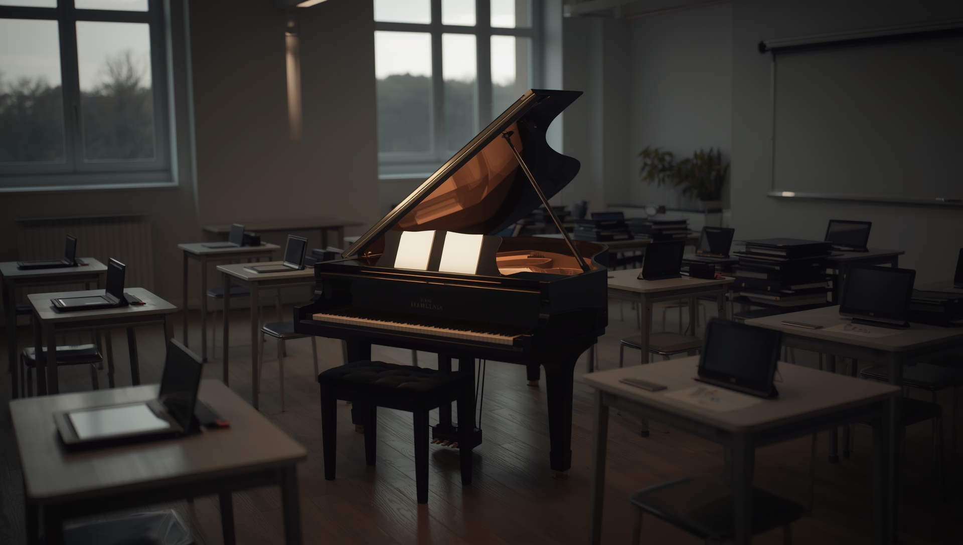 un pianoforte in un'aula di scuola, con arredo didattico moderno, tablet, LIM
