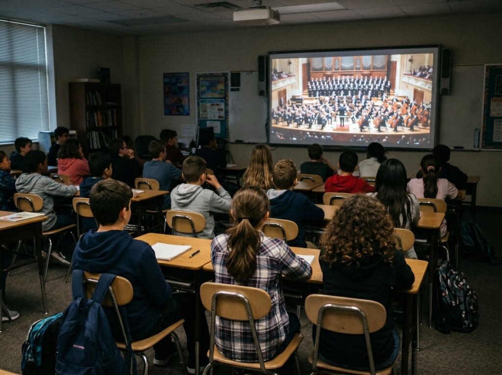 Classe di scuola media ascolta in silenzio un'orchestra sinfonica proiettata sulla LIM