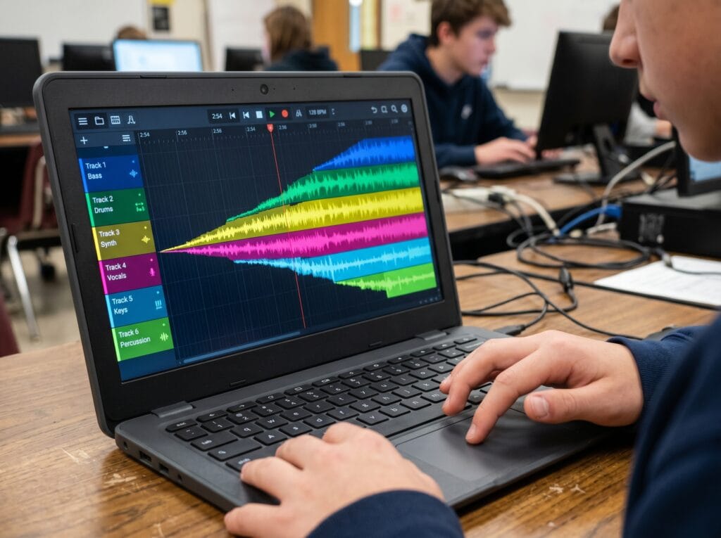 Timeline di BandLab con sei tracce sovrapposte che crescono come un crescendo orchestrale