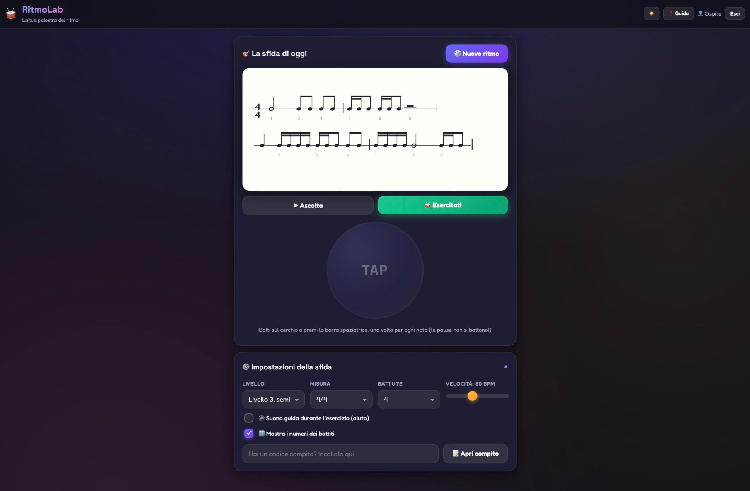 RitmoLab: un ritmo generato in 4/4 su due battute, con i pulsanti Ascolta ed Esercitati e il cerchio TAP