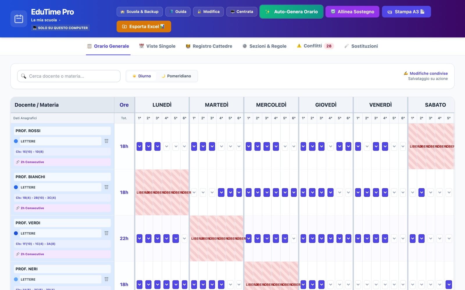La schermata dell'orario generale di EduTime Pro