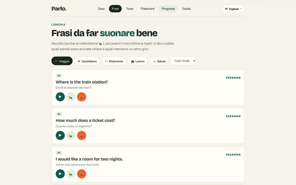 Parlo: la libreria di frasi in inglese da ascoltare e ripetere al microfono