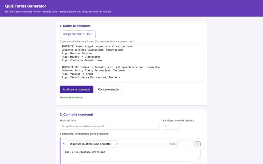 Quiz Forms Generator: le domande incollate a sinistra diventano un quiz già corretto nell'anteprima