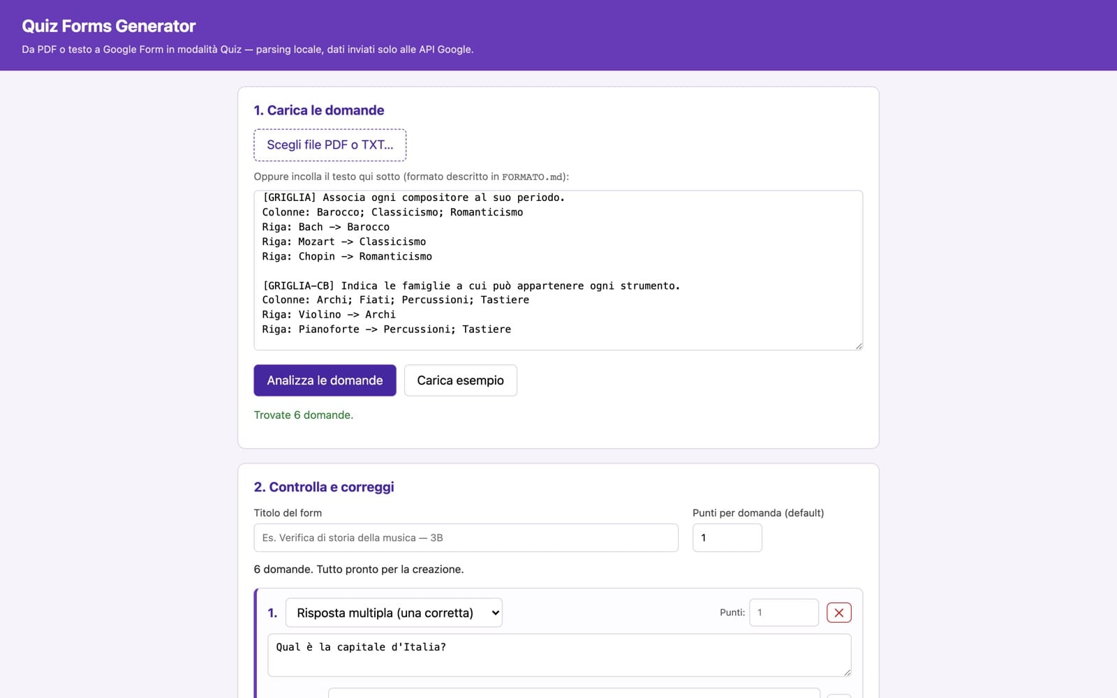 Quiz Forms Generator: le domande incollate nella casella di testo diventano un quiz nell'anteprima, con le risposte corrette già segnate
