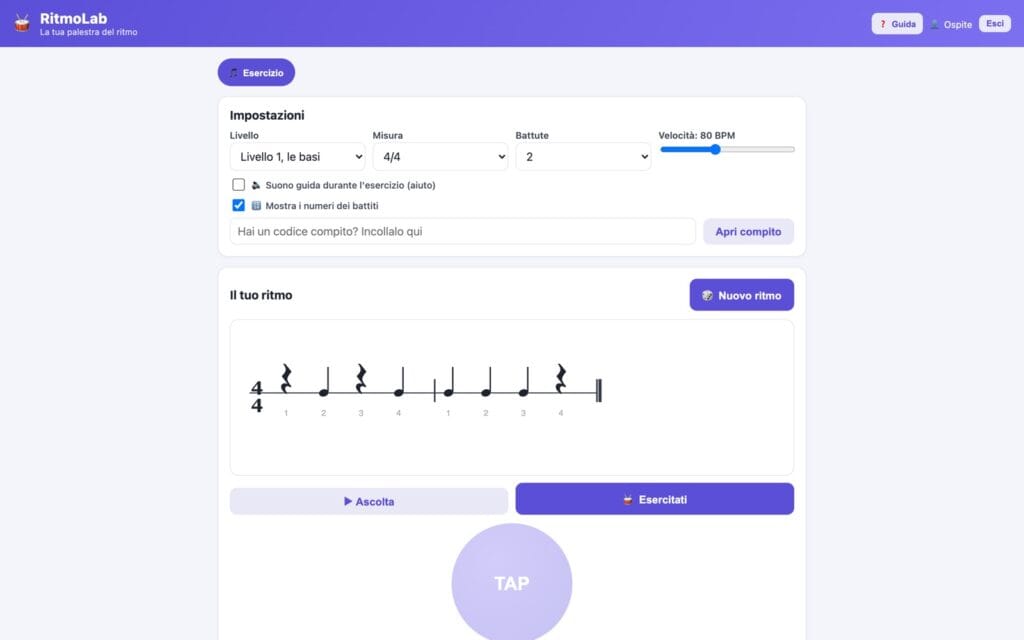 RitmoLab: un esercizio di lettura ritmica in 4/4 con il pulsante TAP