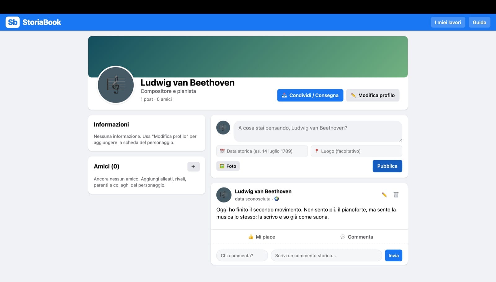 StoriaBook: il profilo di Ludwig van Beethoven, compositore e pianista, con un post sulla bacheca e lo spazio per i commenti
