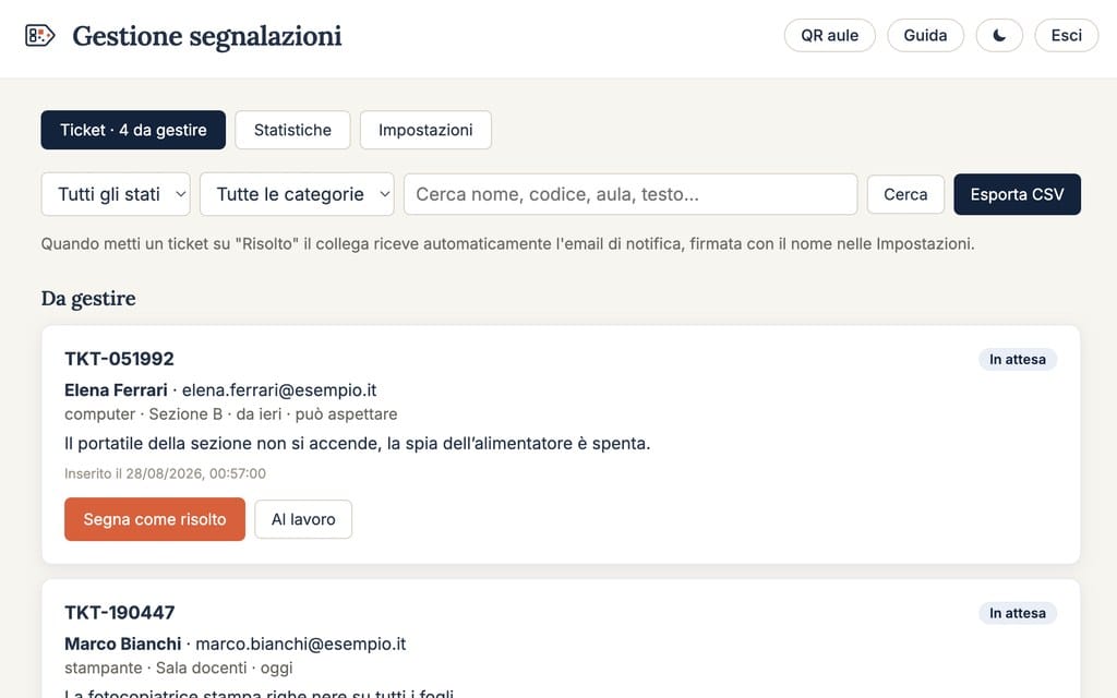 Ticketing Scuola: l'elenco delle segnalazioni tecniche con lo stato di ogni ticket