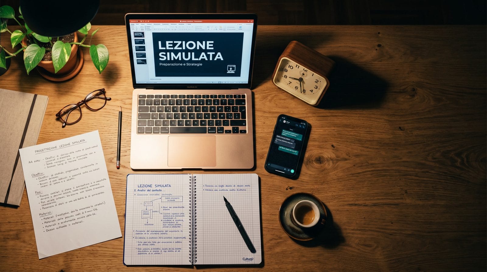 Un portatile con la scritta Lezione simulata e un quaderno di appunti