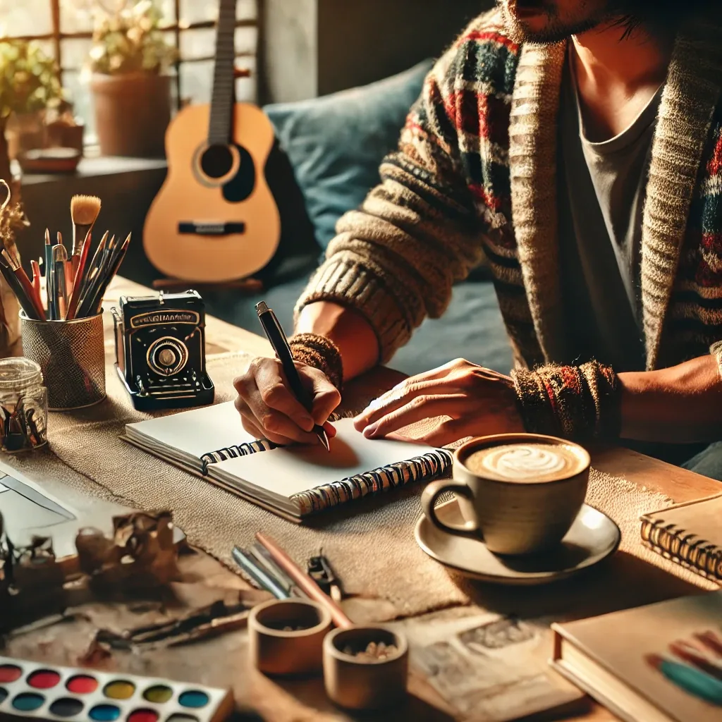 Illustrazione di una persona che pianifica su un taccuino tra chitarra, microfono e tazza di caffe