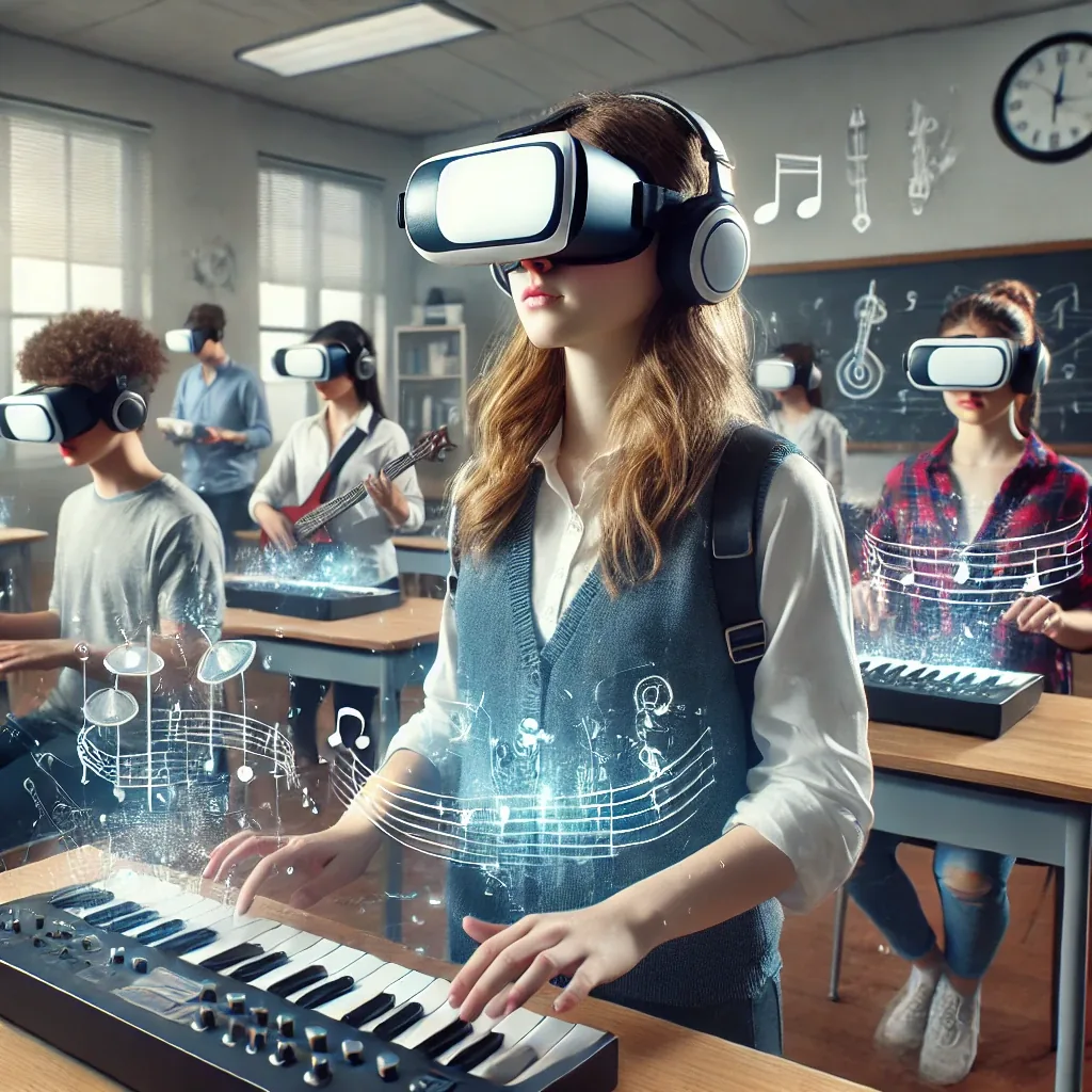 Illustrazione di studenti con visori per la realta virtuale mentre suonano tastiere in aula