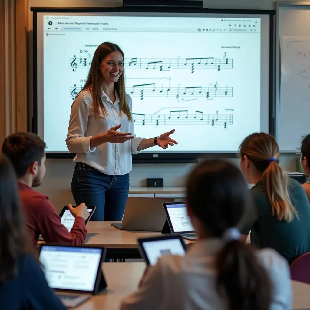Un'insegnante spiega alla classe uno spartito proiettato mentre gli alunni seguono al computer