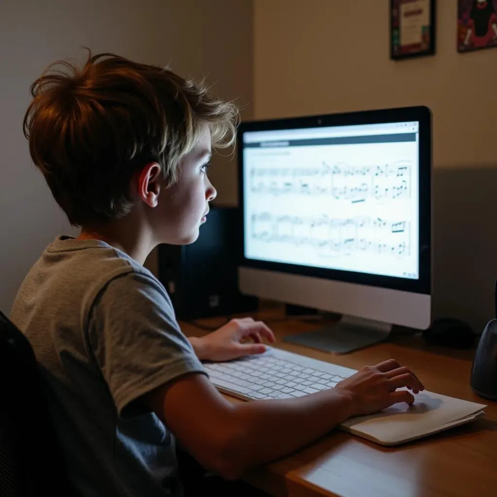 Un ragazzo esercita la teoria musicale al computer con uno spartito sullo schermo
