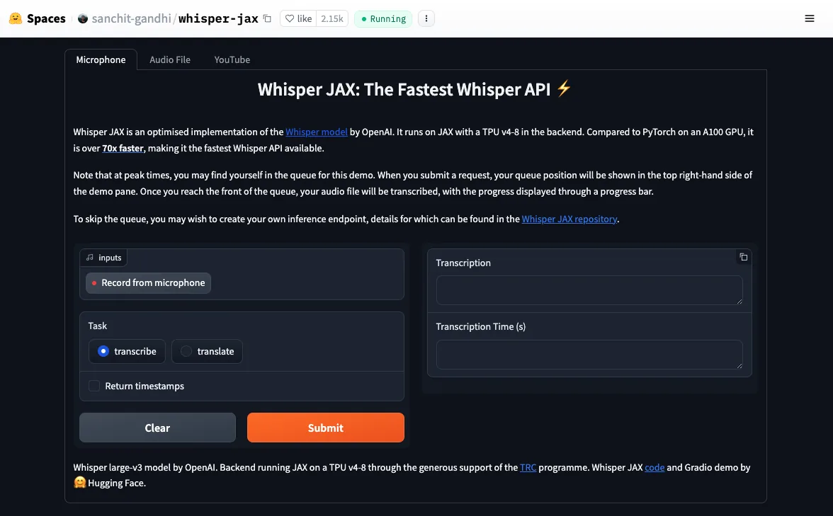 Schermata dell'interfaccia web di Whisper JAX per la trascrizione automatica
