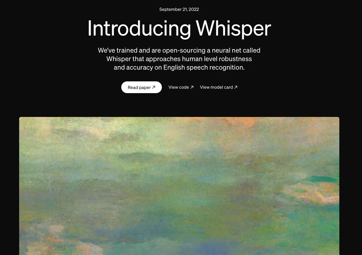 Schermata della pagina di OpenAI che presenta il modello Whisper