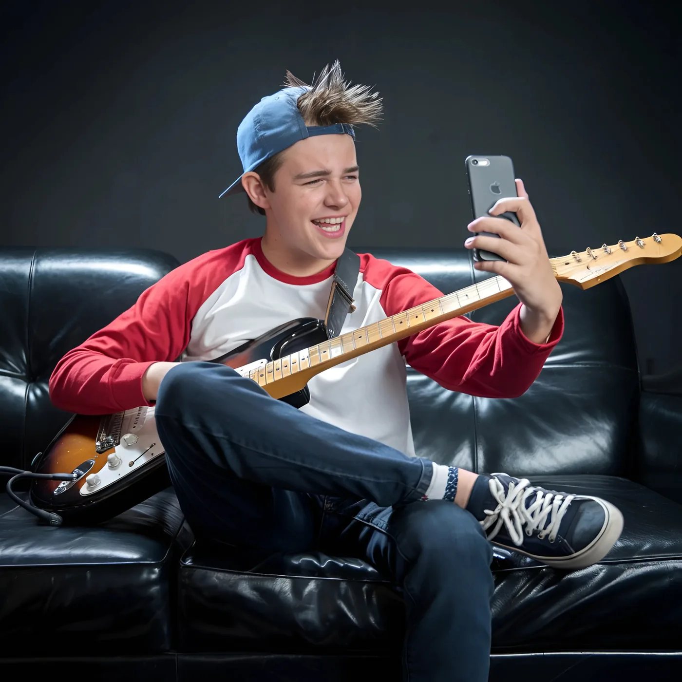 Un ragazzo con la chitarra elettrica si riprende col telefono