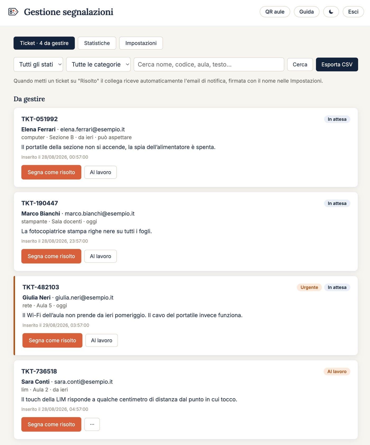 Area riservata di Ticketing Scuola: l'elenco dei ticket con filtri e stati