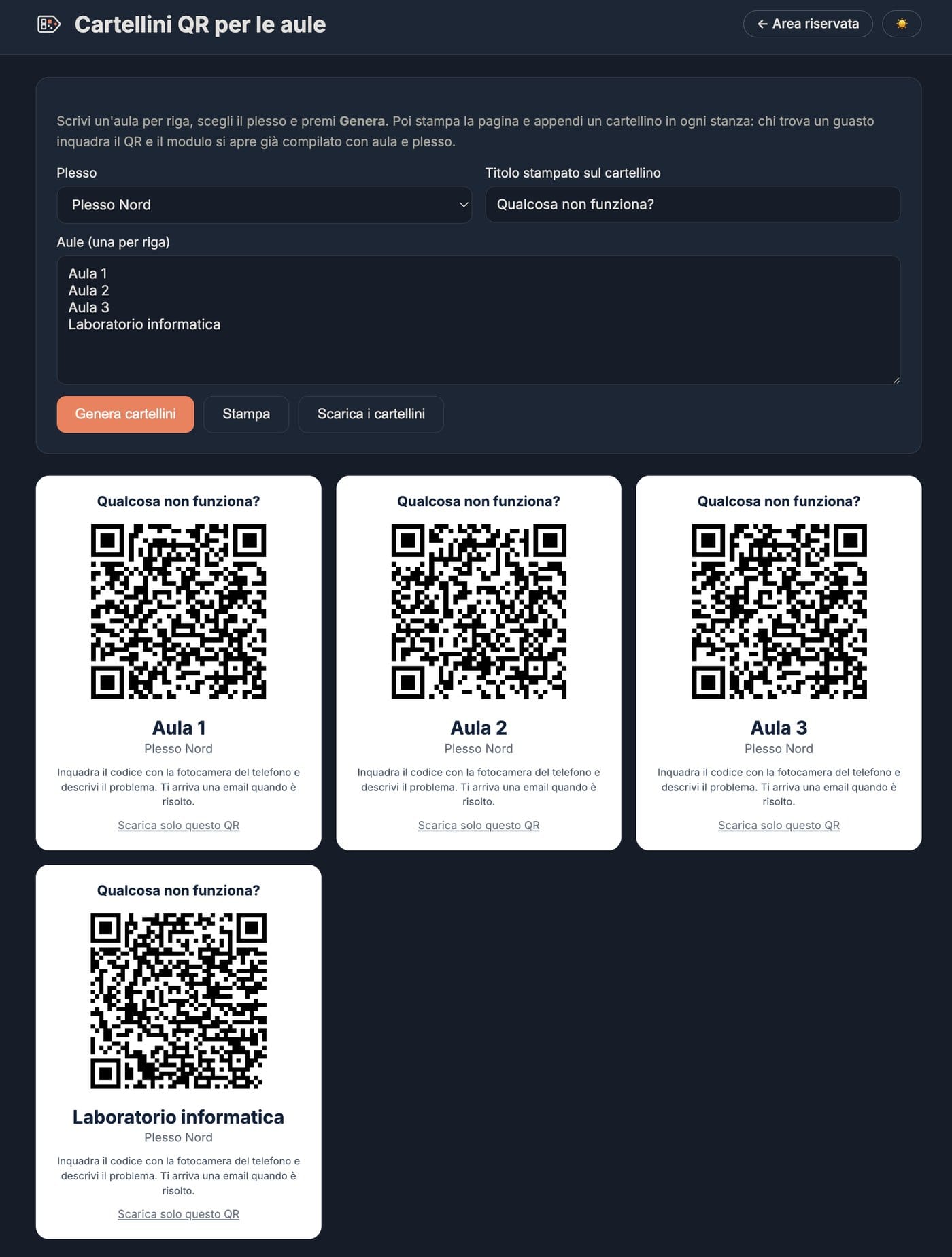 I cartellini QR generati, pronti da stampare