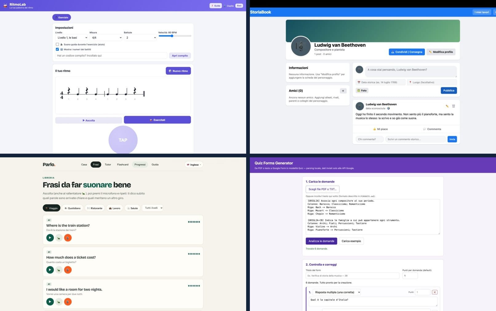 Le schermate di RitmoLab, StoriaBook, Parlo e Quiz Forms Generator