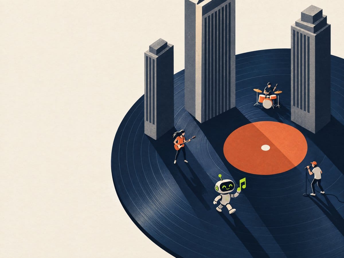 Tre grattacieli su un disco in vinile, piccoli musicisti e un robot con una nota musicale