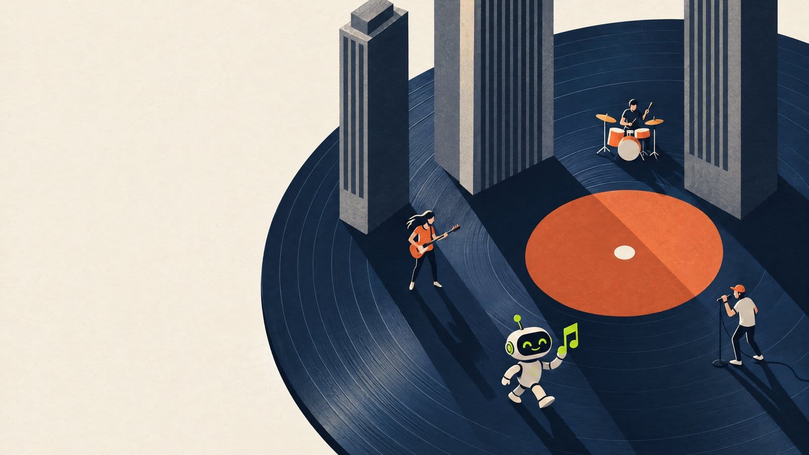 MusicLab Tematico Chi comanda la musica: tre grattacieli su un disco in vinile, piccoli musicisti e un robot con una nota musicale