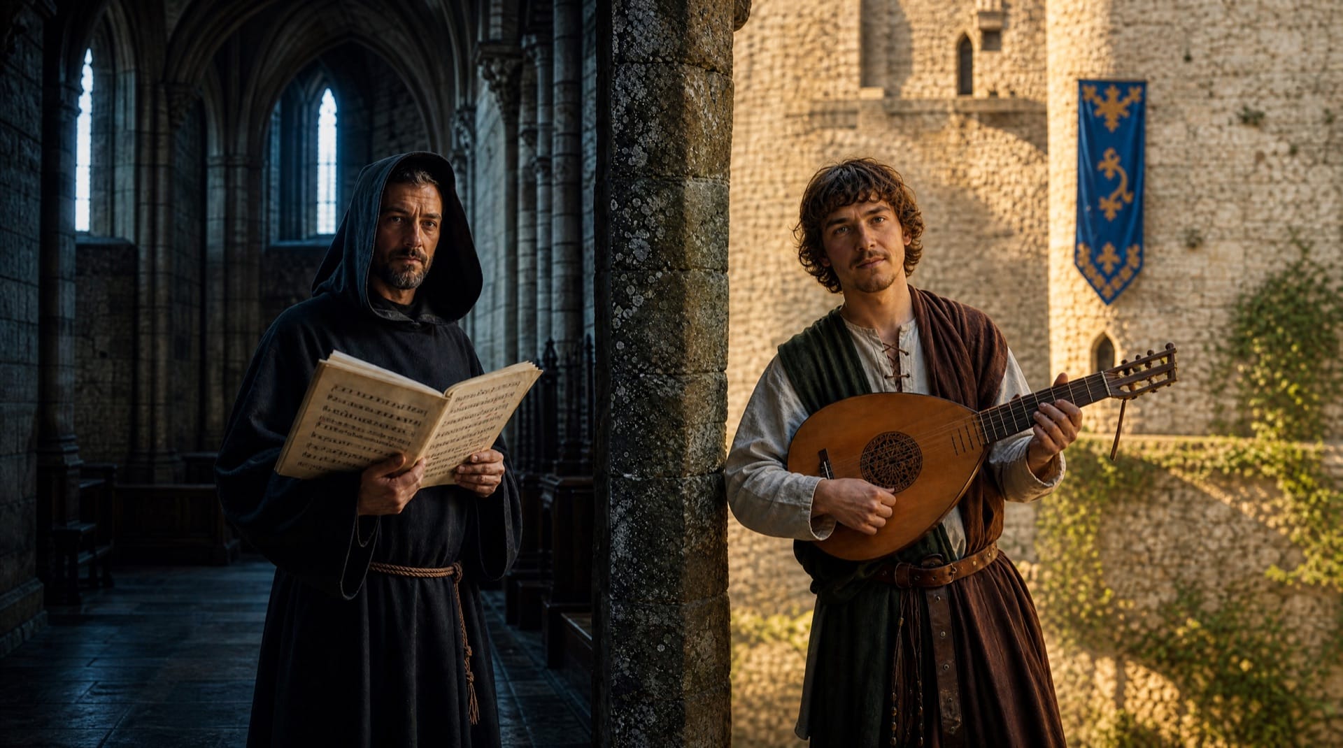 Il Duello del Medioevo: un monaco con il libro di canto gregoriano in cattedrale e un trovatore con il liuto davanti al castello, divisi da un pilastro