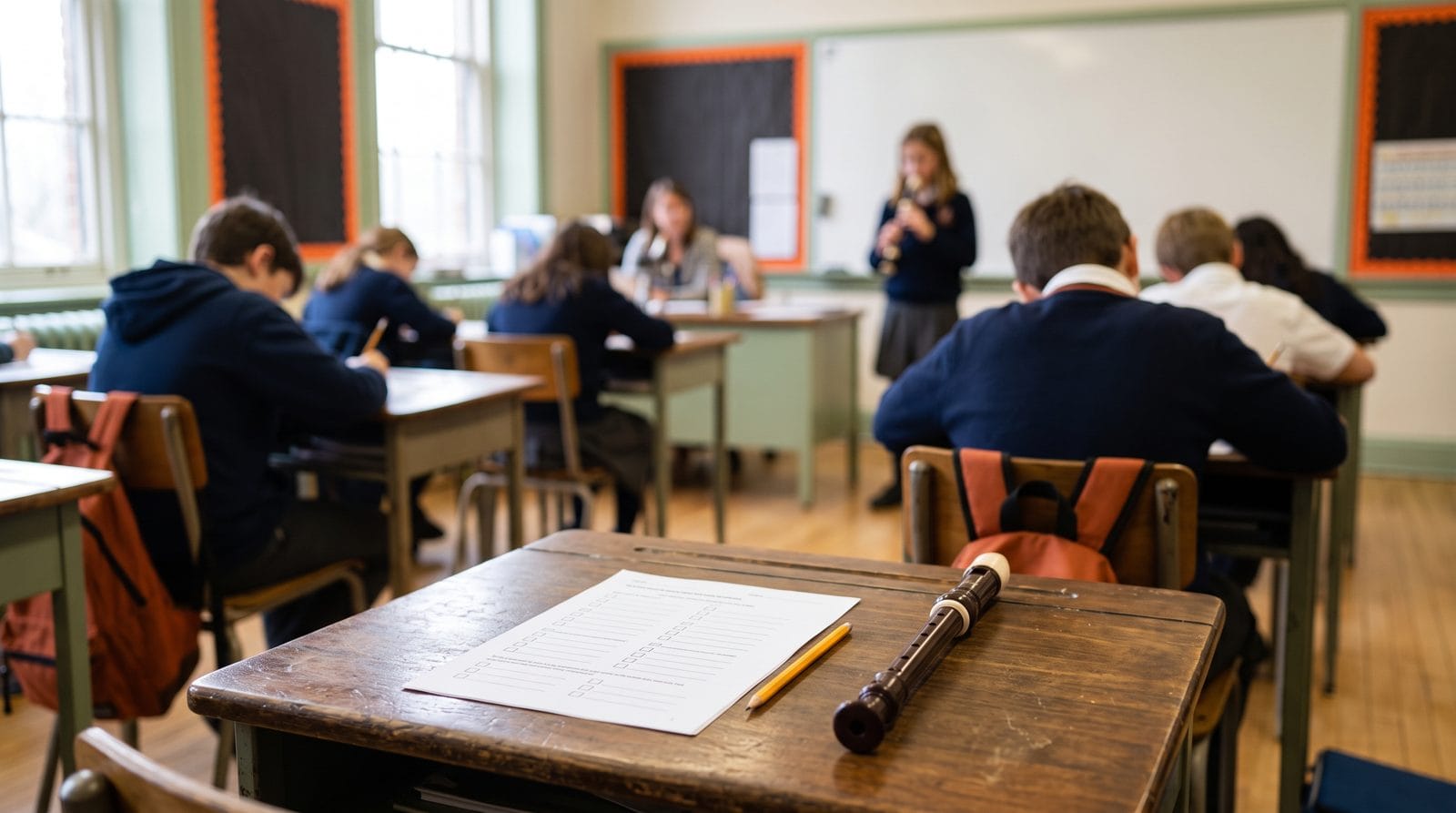 Un'aula di musica durante l'interrogazione: in primo piano un banco con la scheda dell'ascoltatore, una matita e un flauto dolce