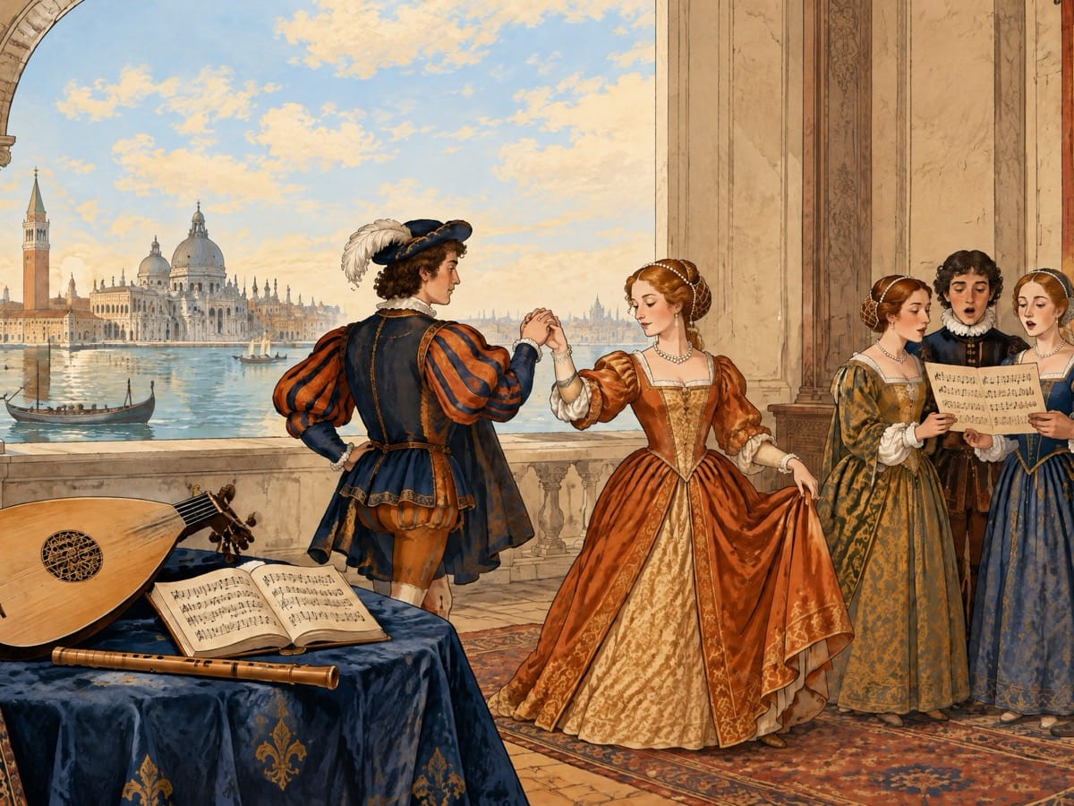 Una sala musicale di Venezia nel Cinquecento, con un liuto, uno spartito a stampa e due cortigiani che ballano la pavana