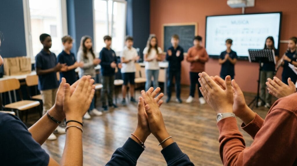 Alunni di prima media in cerchio che battono le mani a tempo nell’aula di musica, LIM accesa sullo sfondo