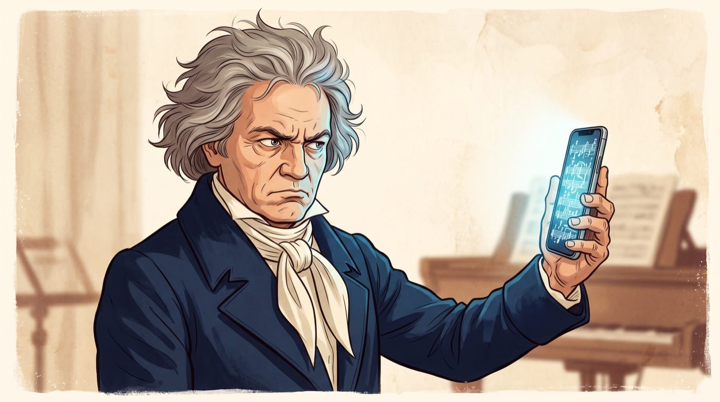 Beethoven illustrato osserva con sospetto uno smartphone che mostra uno spartito, intelligenza artificiale a scuola