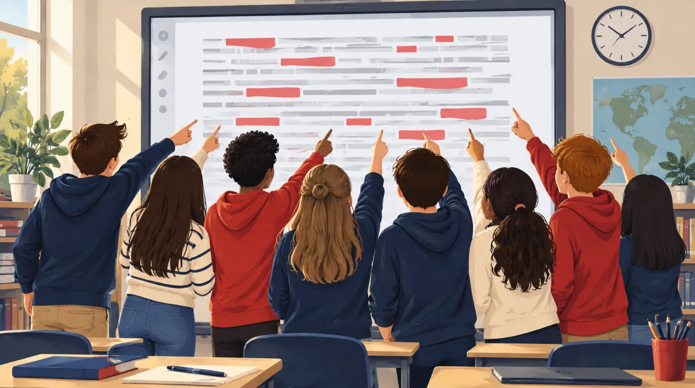 Classe delle medie vista di spalle che indica gli errori evidenziati in rosso sulla lavagna digitale