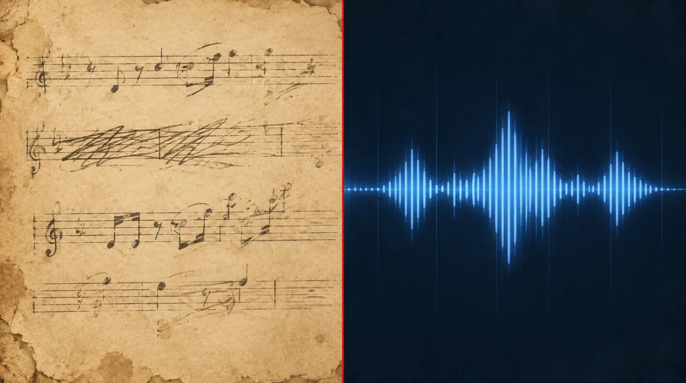 A sinistra appunti musicali scritti a mano, a destra una forma d'onda digitale: frammenti veri e ricostruzione con l'IA