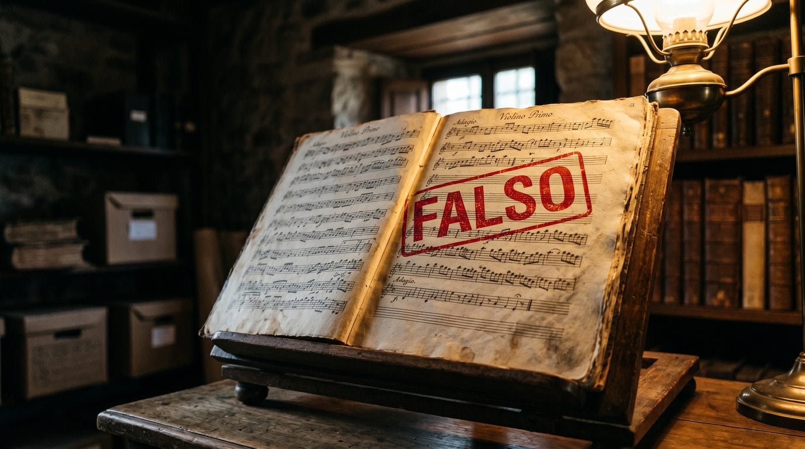 Manoscritto musicale antico con timbro rosso FALSO, intelligenza artificiale a scuola