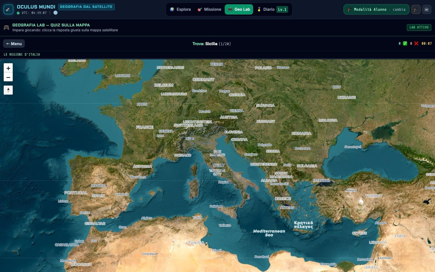 Il Geo Lab di Oculus Mundi: il quiz sulle regioni d'Italia chiede di trovare la Sicilia sulla mappa satellitare