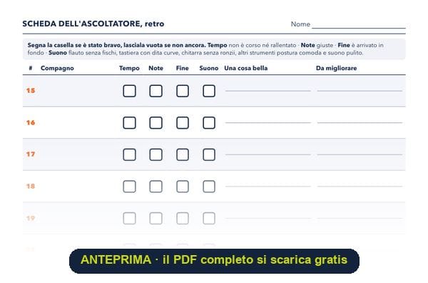 Il retro della scheda dell'ascoltatore, con le righe dalla 15 alla 28 e lo spazio del prof in fondo