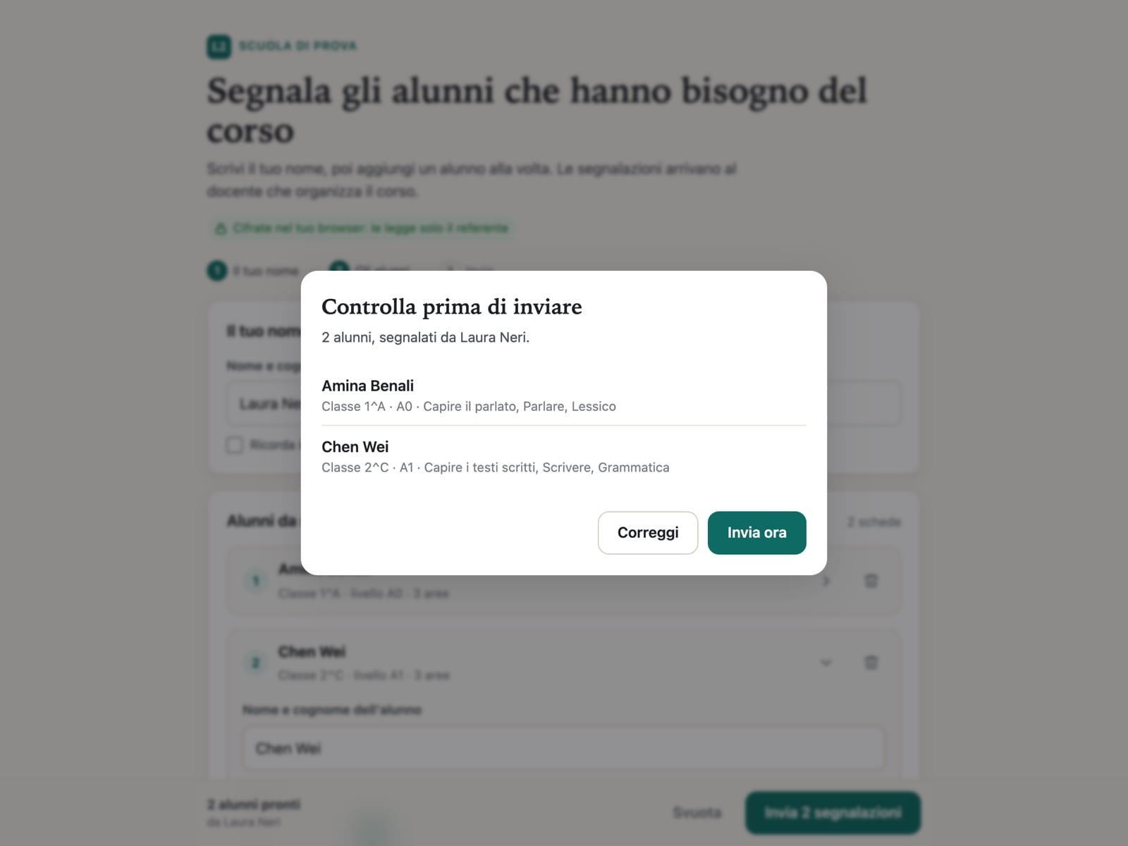 Il riepilogo che il collega controlla prima di inviare le segnalazioni