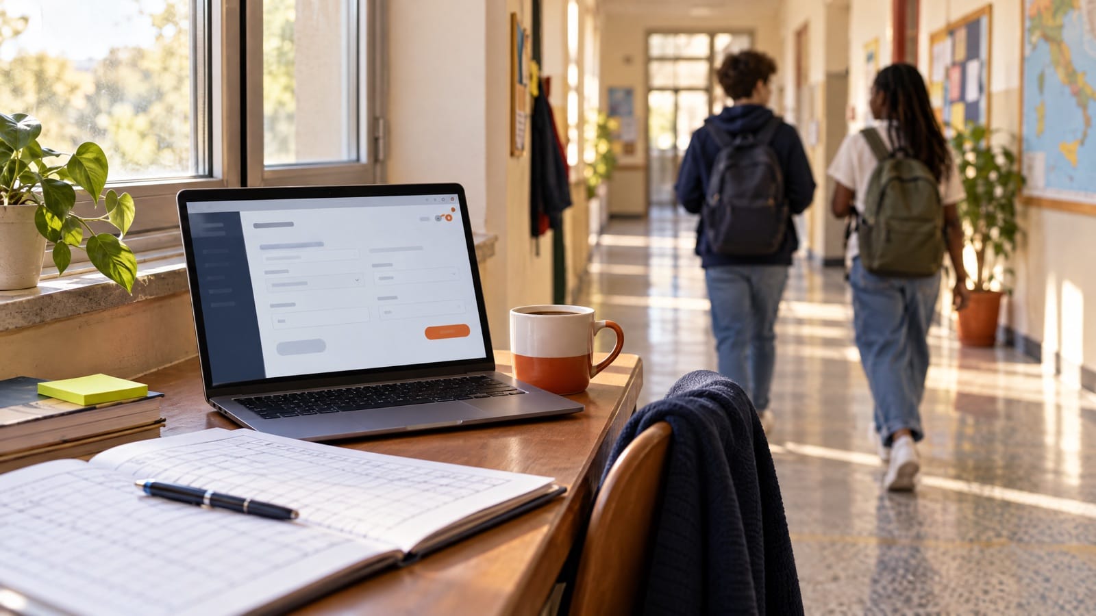 Un computer portatile aperto su un modulo, in un corridoio di scuola al mattino
