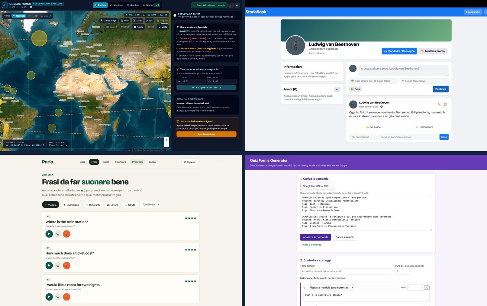 Le schermate di Oculus Mundi, StoriaBook, Parlo e Quiz Forms Generator