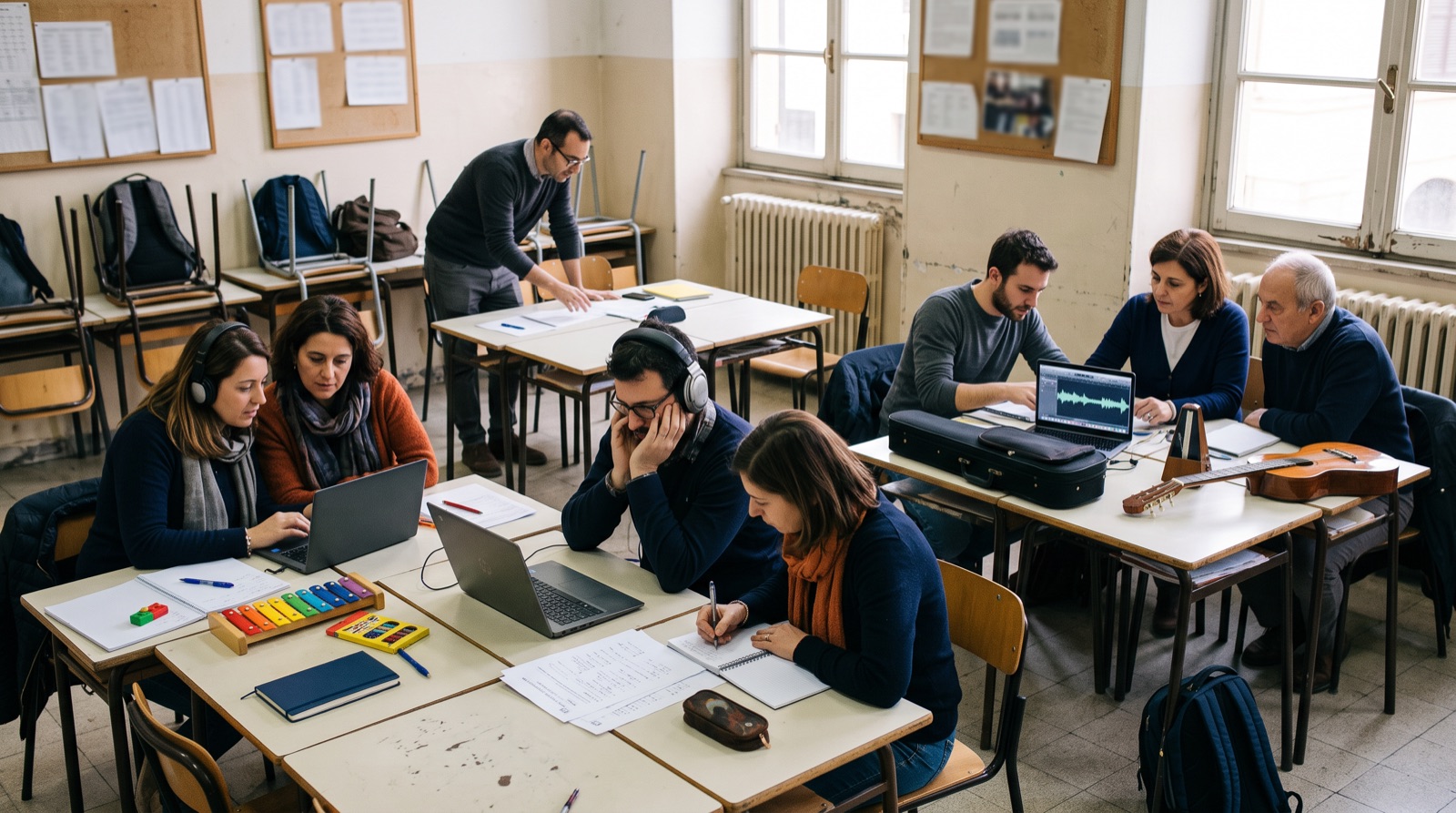 Docenti al lavoro su tre tavoli con portatili, cuffie, uno xilofono, una chitarra e una custodia di violino