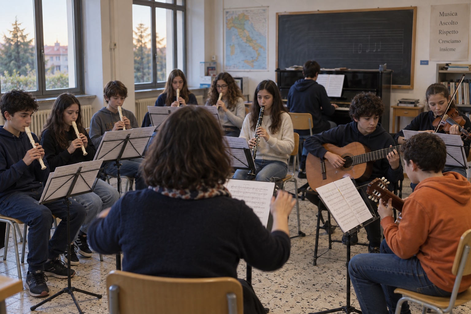 Le prove dell'orchestra scolastica in un'aula di musica: flauti dolci, due chitarre, un violino, un clarinetto e il pianoforte, con la docente di spalle che dirige