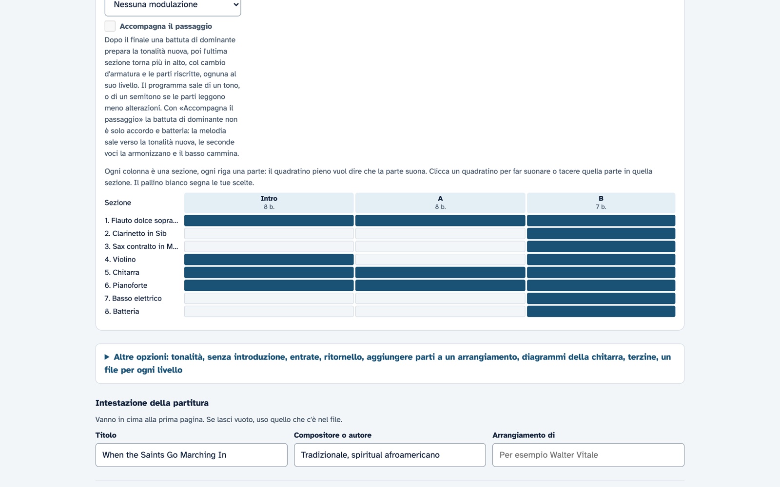 La mappa della forma in SinfonIA Edu: per ogni sezione del brano, quali parti suonano