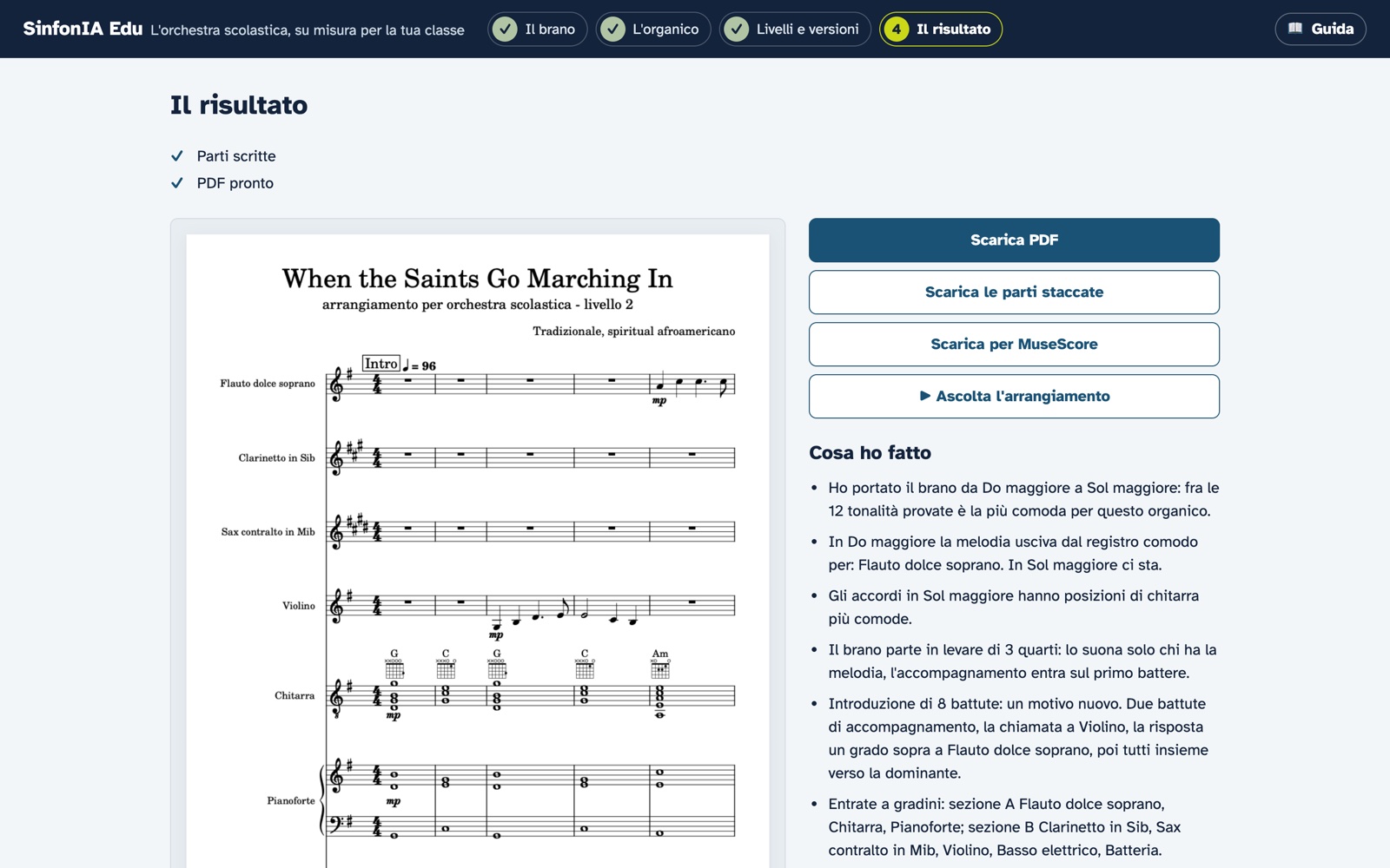Il risultato in SinfonIA Edu: la partitura di When the Saints per flauto dolce, clarinetto, sax, violino, chitarra, pianoforte, basso e batteria, con i pulsanti per scaricare PDF, parti staccate e file per MuseScore