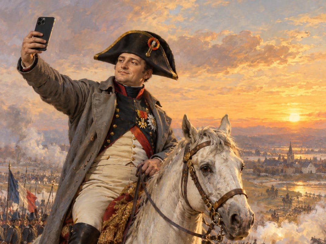 Napoleone a cavallo ad Austerlitz che si fa un selfie con lo smartphone, dipinto a olio
